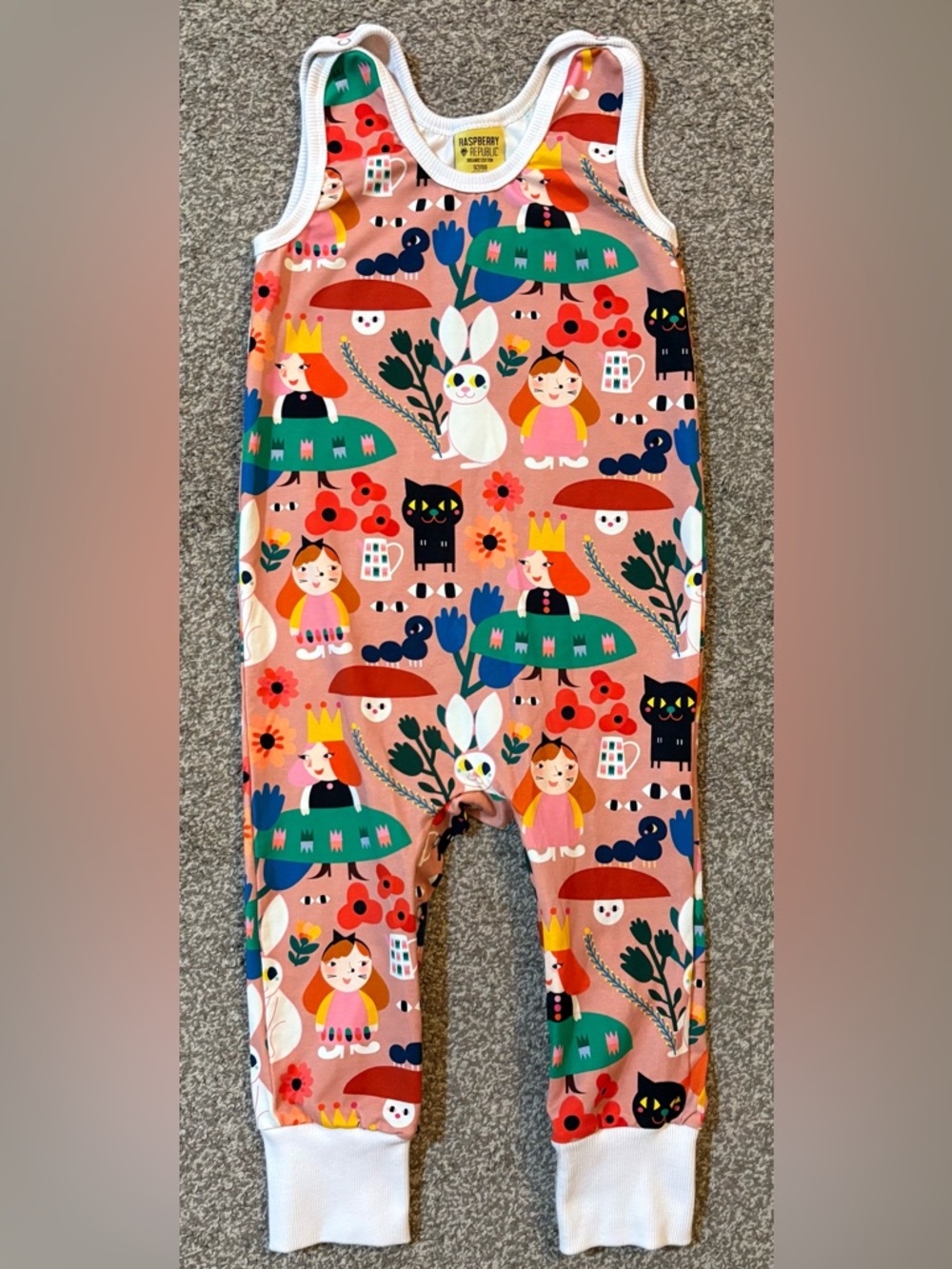 Kids Pink Graphic Romper with Playful Fairy Tale Print